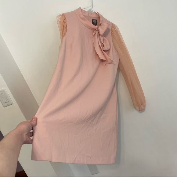 VINCE CAMUTO Mesh Dot Sleeve Knee Length Shift Dress Bow Neck Blush Pink Party - Picture 9 of 16